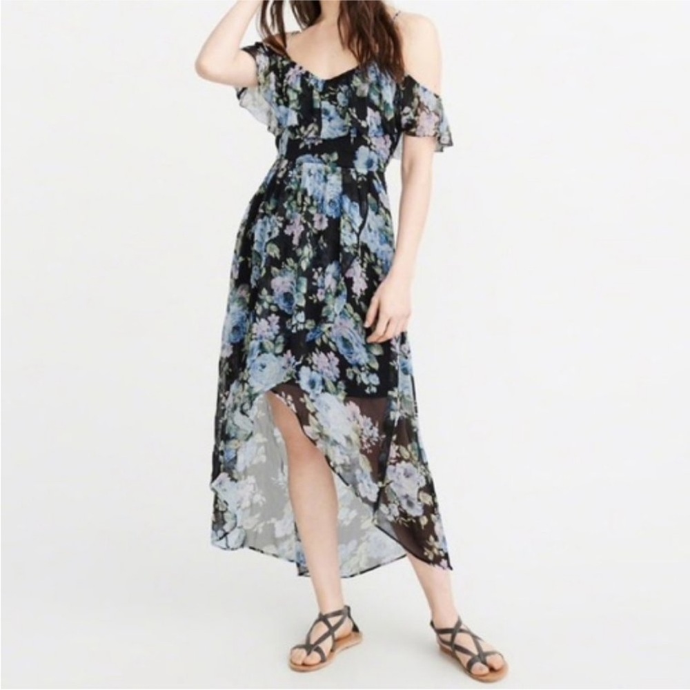 Abercrombie & Fitch Black and Blue Floral High Low Dress